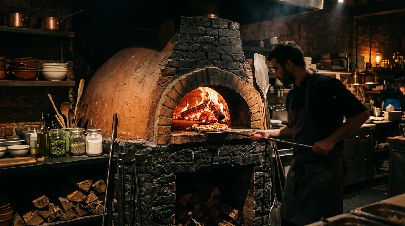 Our wood-fired oven glowing in the open kitchen