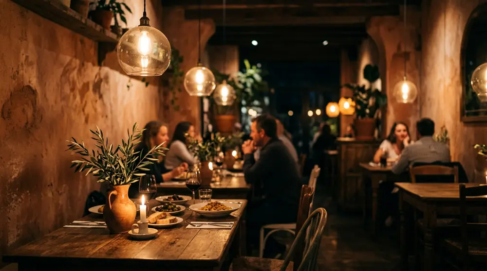 The candlelit dining room at dusk